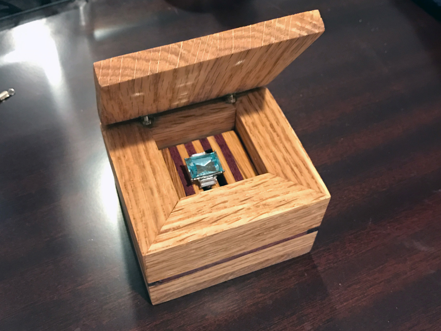 Oak, Purple Heart, & Zebrawood ring box